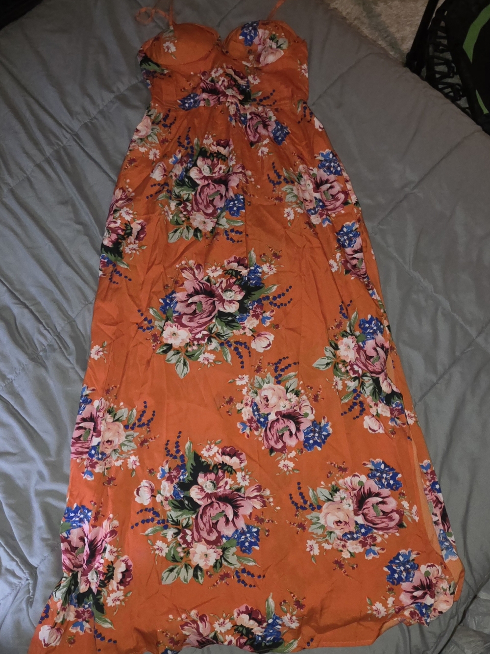 Strapless Orange Floral Maxi Dress with Removable Ties